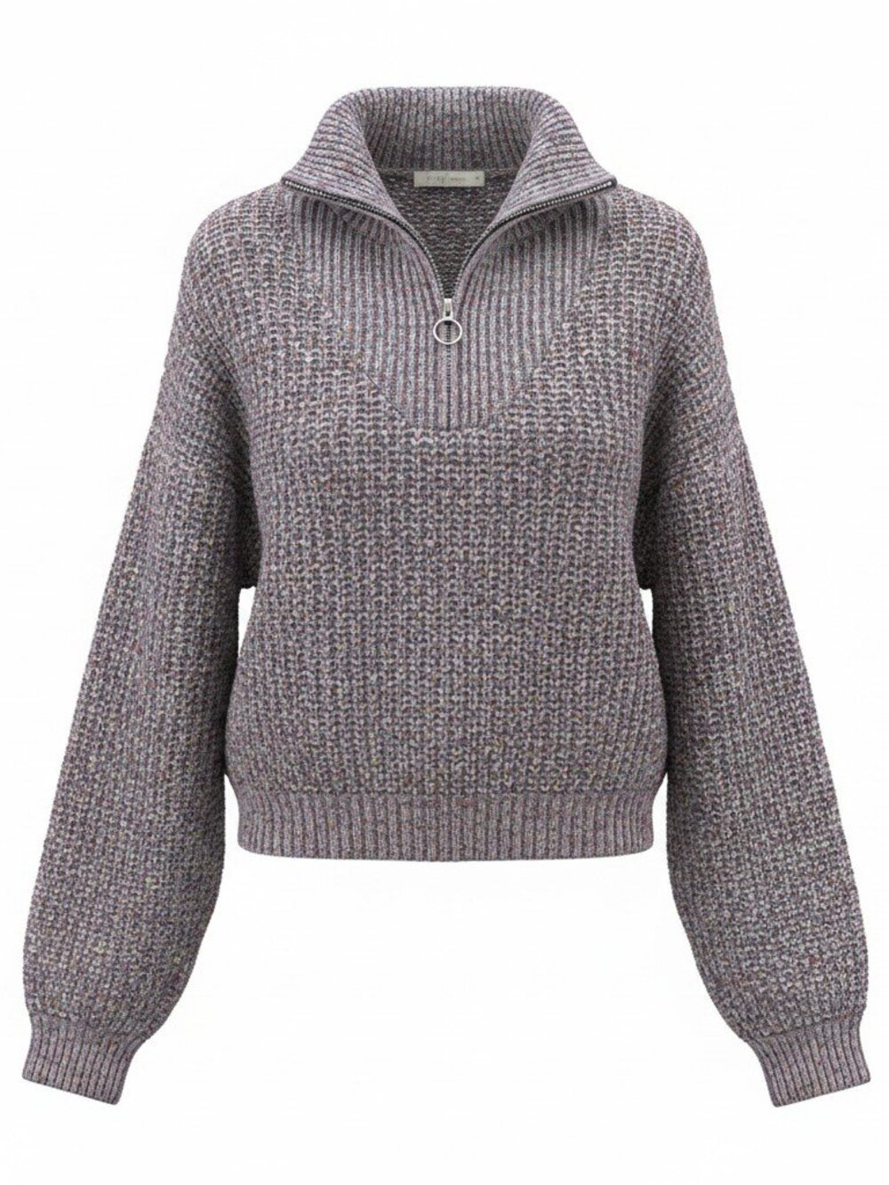 Chunky Knit Quarter Zip Sweater L Gray Cropped Oversized Cozy Pullover Women